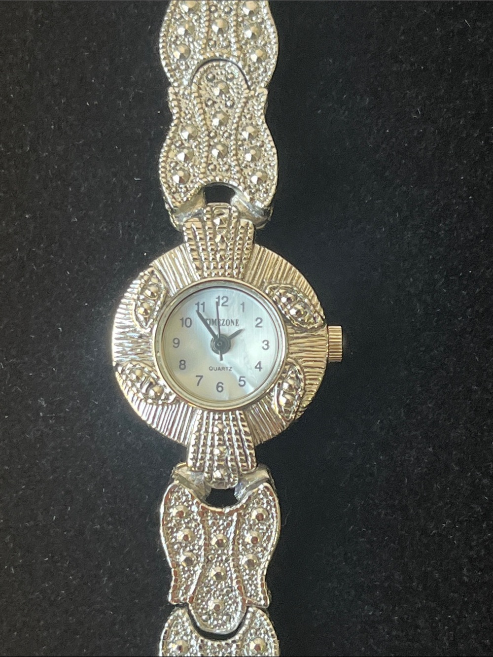 Vintage TIMEZONE Silver Tone Art Deco Cocktail Watch - Beaded Filigree Bracelet